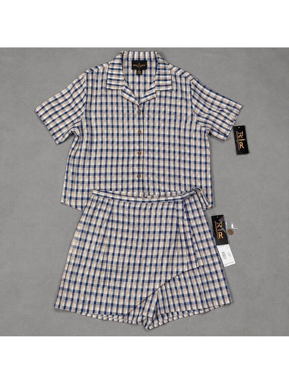 Requirements Women 14 16 Blue Beige Vintage 90s NWT Linen Plaid Shirt Skort Sets
